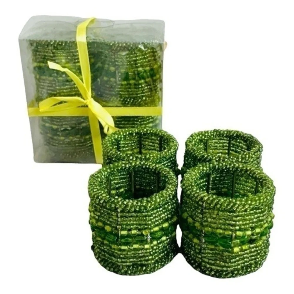 Vintage Green Micro Beaded Napkin Rings Set of 4 Handmade India Moroccan 2